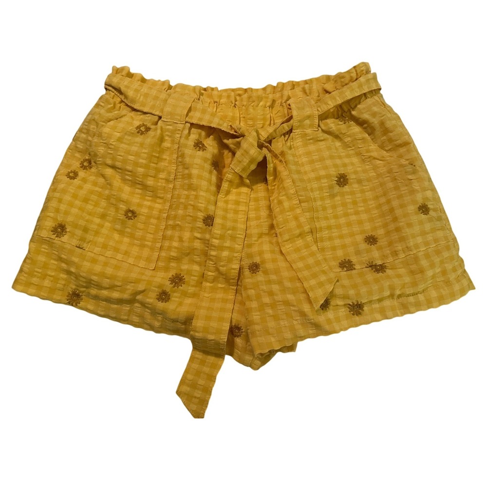 Time and Tru Womens Yellow Gingham Floral Embroidered Paperbag Waist Shorts L‎